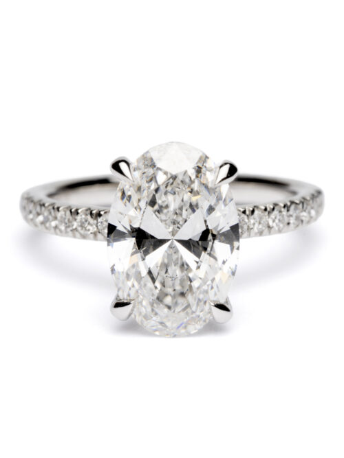 Trotters Platinum 3ct Lab Grown Oval Diamond Ring With Diamond Set Shoulders And Diamond Set Claws