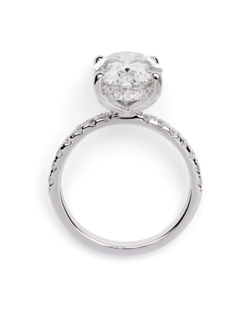 Trotters Platinum 4ct Lab Grown Oval Diamond Ring With Diamond Set Shoulders & Hidden Diamond Halo