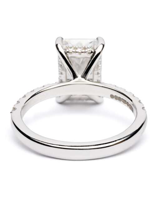 Trotters Platinum 3ct Lab Grown Radiant Cut Diamond Ring With Diamond Set Shoulders & Hidden Halo