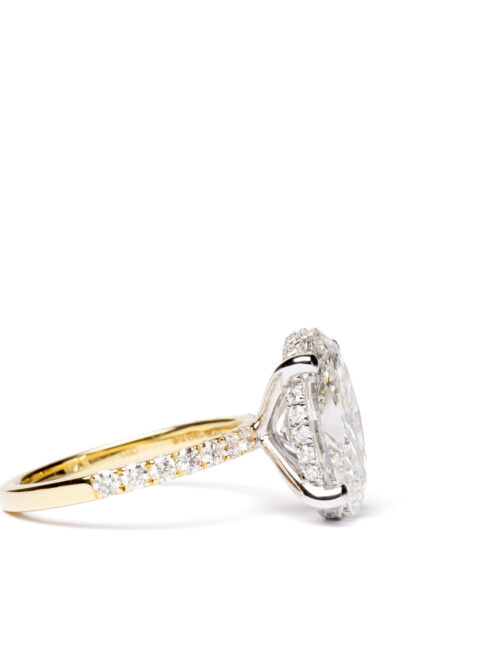 Trotters 18ct Yellow Gold & Platinum 4ct Lab Grown Oval Diamond Ring With Diamond Set Shoulders & Hidden Diamond Halo