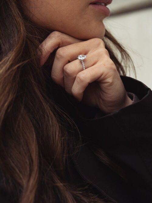 Trotters Platinum Lab Grown 1.5ct Pear Shape Diamond Ring With Diamond Set Shoulders And Hidden Halo