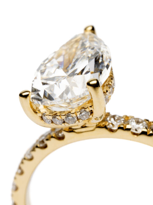 Trotters 18ct Yellow Gold 2ct Lab Grown Pear Shape Diamond Ring With Diamond Set Shoulders & Hidden Diamond Halo