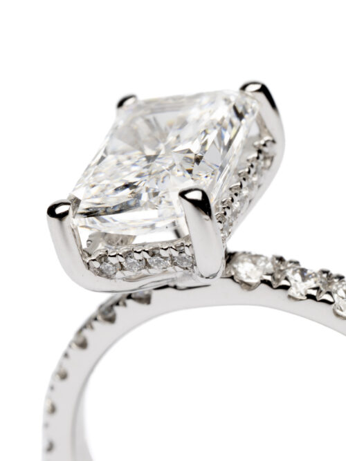 Trotters Platinum 2ct Lab Grown Radiant Diamond Ring With Diamond Set Shoulders & Hidden Diamond Halo