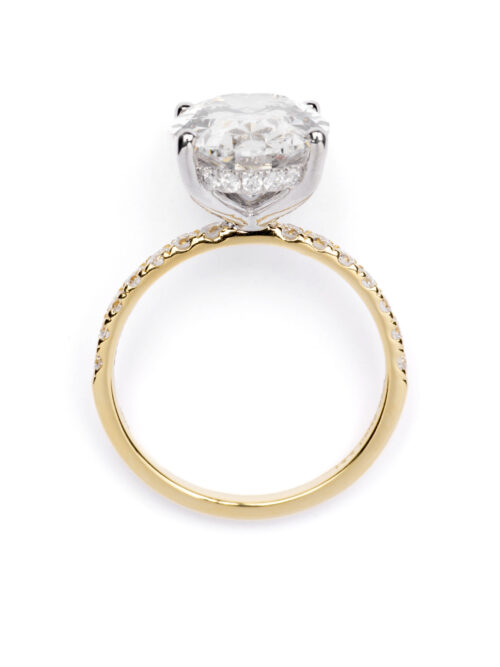 Trotters 18ct Yellow Gold & Platinum 5ct Lab Grown Oval Diamond Ring With Diamond Set Shoulders & Hidden Diamond Halo