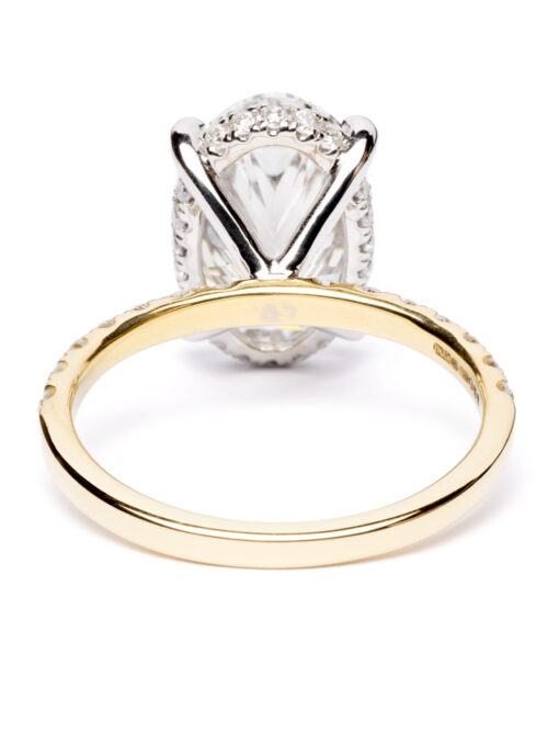Trotters 18ct Yellow Gold & Platinum 4ct Lab Grown Oval Diamond Ring With Diamond Set Shoulders & Hidden Diamond Halo