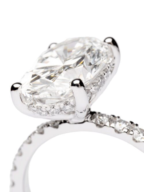 Trotters Platinum 3ct Lab Grown Oval Diamond Ring With Diamond Set Shoulders & Hidden Diamond Halo