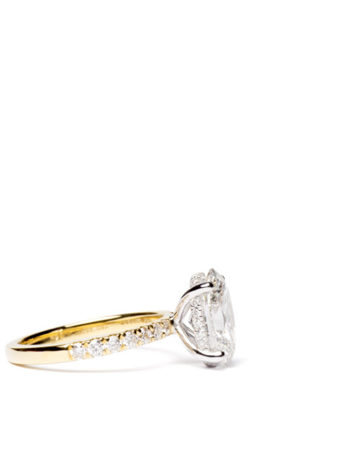 Trotters 18ct Yellow Gold & Platinum 2.5ct Lab Grown Oval Diamond Ring With Diamond Set Shoulders & Hidden Diamond Halo