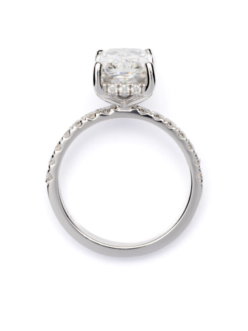 Trotters Platinum 3ct Lab Grown Radiant Cut Diamond Ring With Diamond Set Shoulders & Hidden Halo