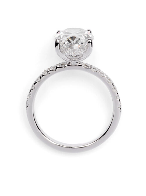 Trotters Platinum 3ct Lab Grown Oval Diamond Ring With Diamond Set Shoulders & Hidden Diamond Halo