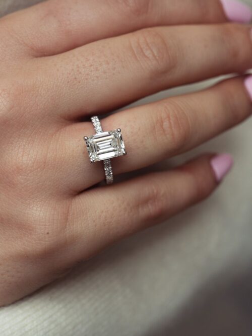 Trotters Platinum 3ct Lab Grown Emerald Cut Diamond Ring With Diamond Set Shoulders & Hidden Halo