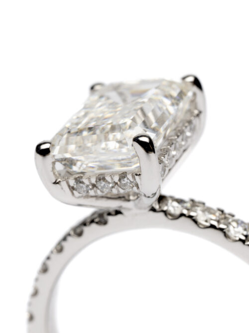 Trotters Platinum 3ct Lab Grown Emerald Cut Diamond Ring With Diamond Set Shoulders & Hidden Halo