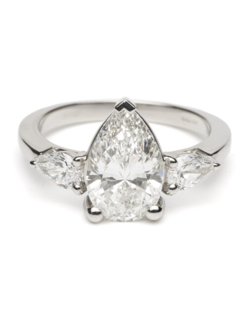 Trotters Platinum 3 Stone Lab Grown Diamond Ring Pear Shape Center 2.01ct And Pear Shoulders