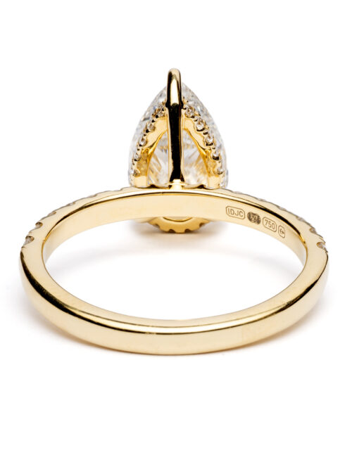 Trotters 18ct Yellow Gold 2ct Lab Grown Pear Shape Diamond Ring With Diamond Set Shoulders & Hidden Diamond Halo