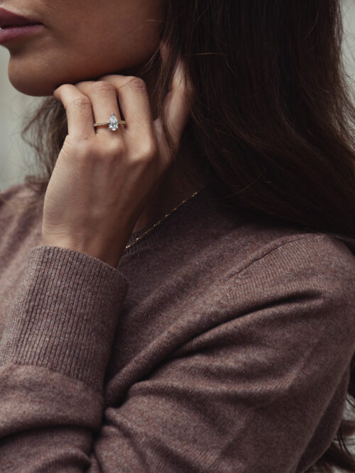 Trotters 18ct Yellow Gold / Platinum Pear Shape Lab Grown  Diamond Ring With Diamond Set Shoulders 0.18ct