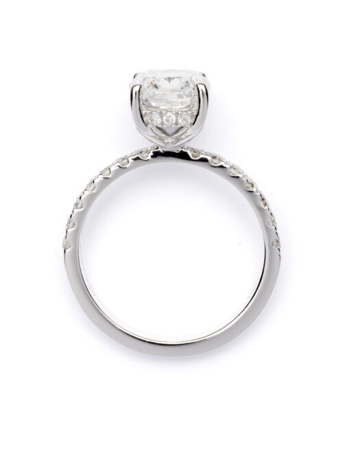 Trotters Platinum 3ct Lab Grown Cushion Cut Diamond Ring With Diamond Set Shoulders & Hidden Diamond Halo