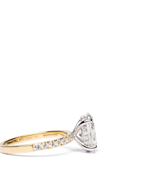 Trotters 18ct Yellow Gold & Platinum 2ct Lab Grown Oval Diamond Ring With Diamond Set Shoulders & Hidden Diamond Halo