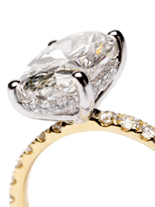 Trotters 18ct Yellow Gold & Platinum 3ct Lab Grown Oval Diamond Ring With Diamond Set Shoulders & Hidden Diamond Halo