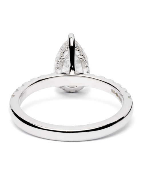 Trotters Platinum Lab Grown 1.5ct Pear Shape Diamond Ring With Diamond Set Shoulders And Hidden Halo