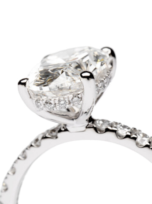 Trotters Platinum 2.5ct Lab Grown Oval Diamond Ring With Diamond Set Shoulders & Hidden Diamond Halo
