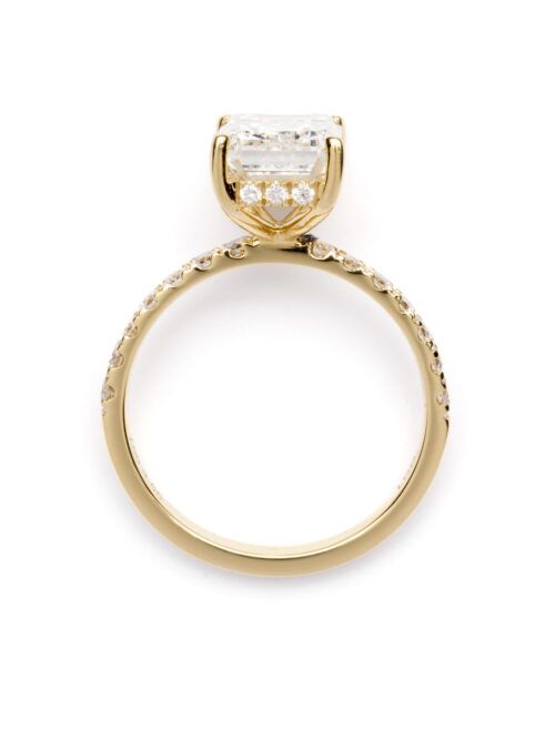 Trotters 18ct Yellow Gold 3.05ct Lab Grown Emerald Cut Diamond Ring With Diamond Set Shoulders