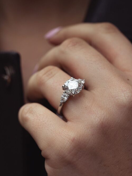 Trotters Platinum 3 Stone Lab Grown Diamond Ring Brilliant Round And Pear Shoulders