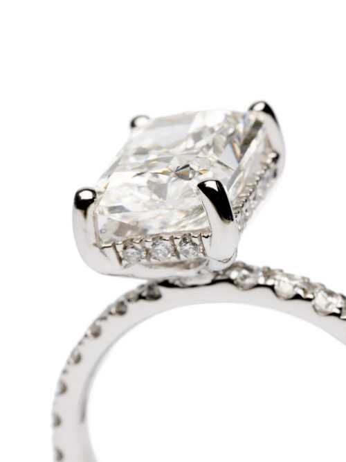 Trotters Platinum 3ct Lab Grown Radiant Cut Diamond Ring With Diamond Set Shoulders & Hidden Halo