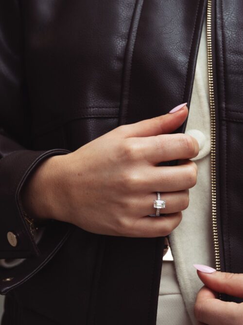 Trotters Platinum 2ct Lab Grown Emerald Cut Diamond Ring With Diamond Set Shoulders  & Hidden Diamond Halo