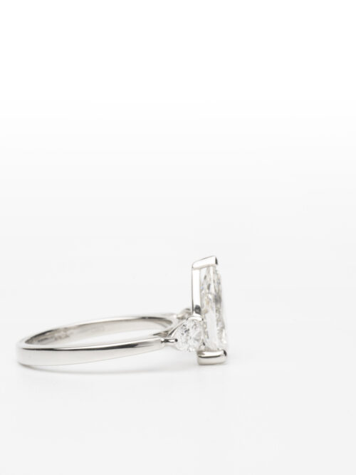 Trotters Platinum 3 Stone Lab Grown Diamond Ring Pear Shape Center 2.01ct And Pear Shoulders