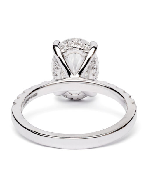 Trotters Platinum 3ct Lab Grown Oval Diamond Ring With Diamond Set Shoulders & Hidden Diamond Halo