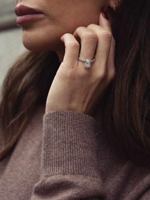 Trotters Platinum 2ct Lab Grown Cushion Cut Diamond Ring With Diamond Set Shoulders & Hidden Halo