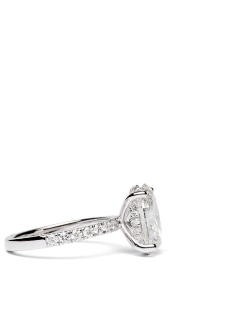 Trotters Platinum 3ct Lab Grown Oval Diamond Ring With Diamond Set Shoulders & Hidden Diamond Halo
