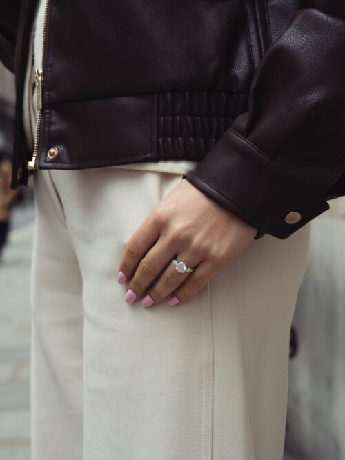 Trotters Platinum 3 Stone Lab Grown Diamond Ring Brilliant Round And Pear Shoulders