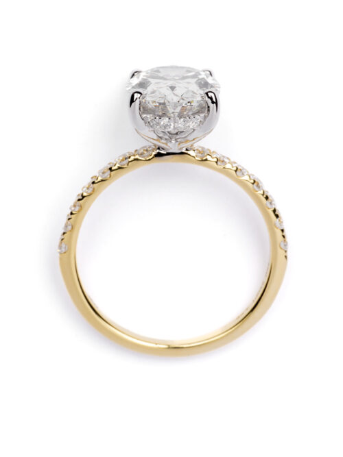 Trotters 18ct Yellow Gold & Platinum 3ct Lab Grown Oval Diamond Ring With Diamond Set Shoulders & Hidden Diamond Halo