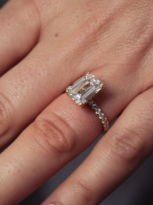 Trotters 18ct Yellow Gold 3.05ct Lab Grown Emerald Cut Diamond Ring With Diamond Set Shoulders