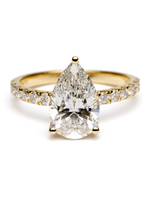 Trotters 18ct Yellow Gold 2ct Lab Grown Pear Shape Diamond Ring With Diamond Set Shoulders & Hidden Diamond Halo