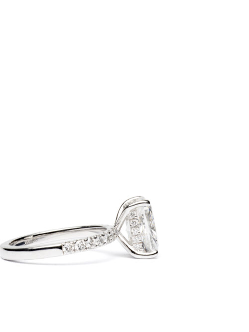 Trotters Platinum 3ct Lab Grown Cushion Cut Diamond Ring With Diamond Set Shoulders & Hidden Diamond Halo