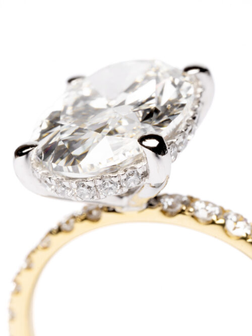 Trotters 18ct Yellow Gold & Platinum 4ct Lab Grown Oval Diamond Ring With Diamond Set Shoulders & Hidden Diamond Halo