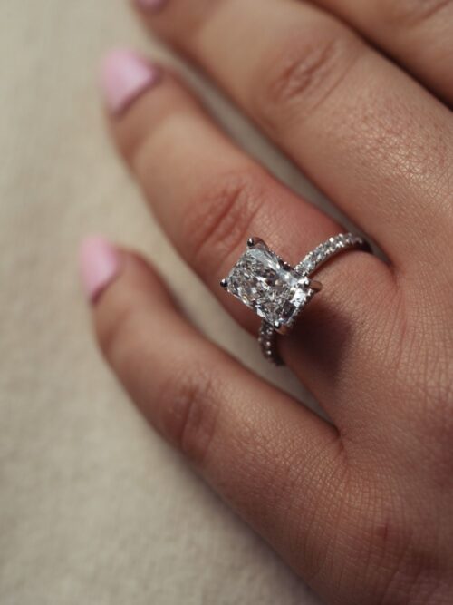 Trotters Platinum 3ct Lab Grown Radiant Cut Diamond Ring With Diamond Set Shoulders & Hidden Halo