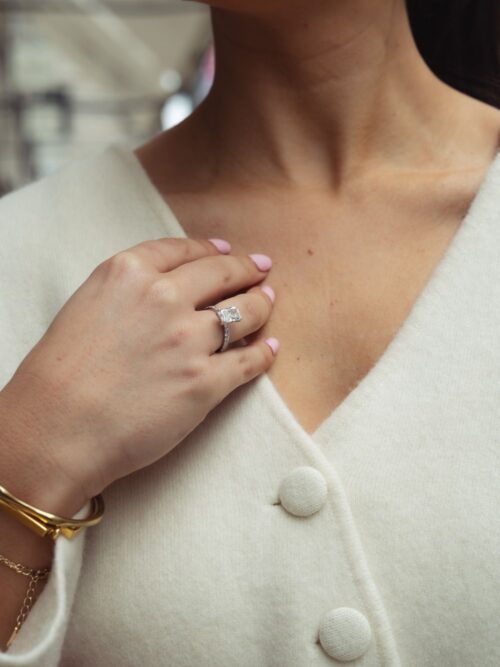 Trotters Platinum 2ct Lab Grown Radiant Diamond Ring With Diamond Set Shoulders & Hidden Diamond Halo