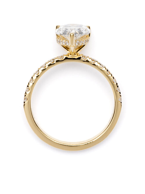 Trotters 18ct Yellow Gold 2ct Lab Grown Pear Shape Diamond Ring With Diamond Set Shoulders & Hidden Diamond Halo