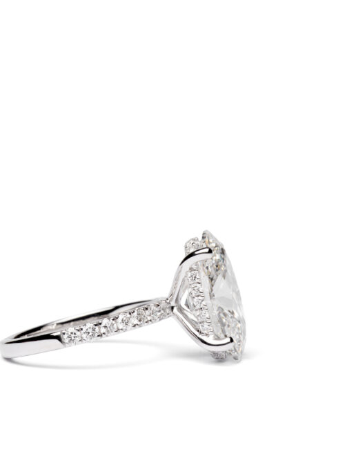 Trotters Platinum 5ct Lab Grown Oval Diamond Ring With Diamond Set Shoulders & Hidden Diamond Halo
