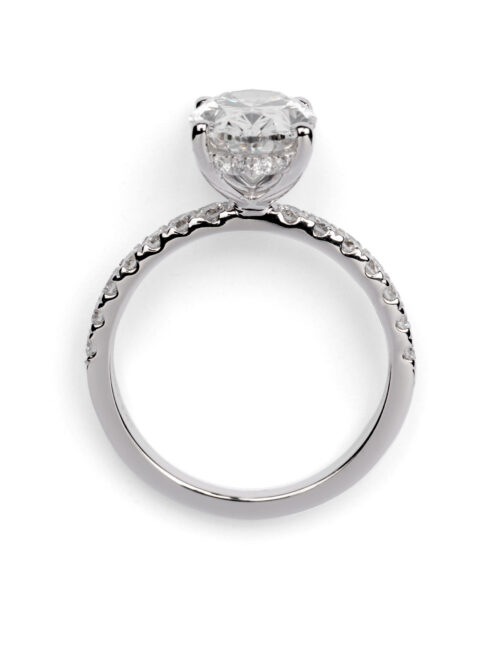 Trotters Platinum 2.5ct Lab Grown Oval Diamond Ring With Diamond Set Shoulders & Hidden Diamond Halo