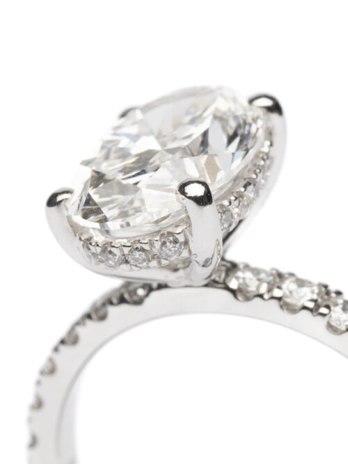 Trotters Platinum 2.5ct Lab Grown Oval Diamond Ring With Diamond Set Shoulders & Hidden Diamond Halo