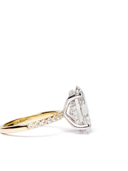 Trotters 18ct Yellow Gold & Platinum 5ct Lab Grown Oval Diamond Ring With Diamond Set Shoulders & Hidden Diamond Halo