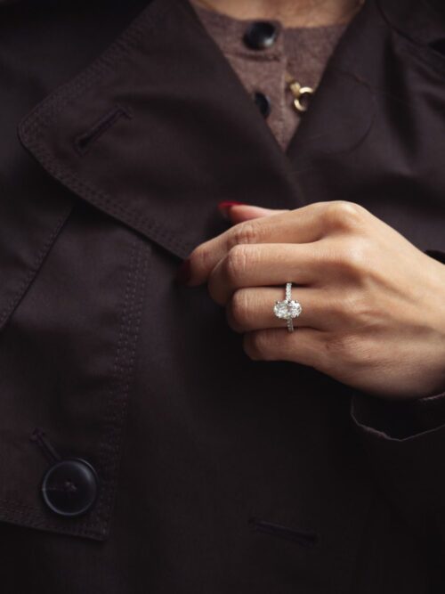 Trotters Platinum 2.5ct Lab Grown Oval Diamond Ring With Diamond Set Shoulders & Hidden Diamond Halo