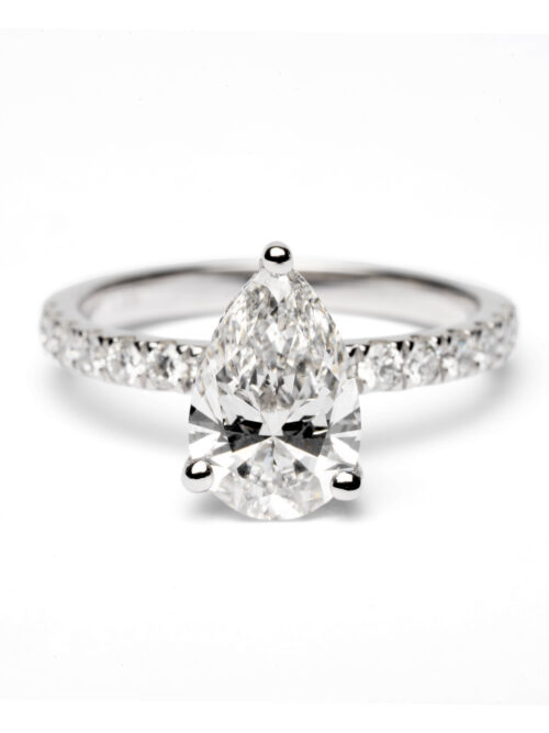 Trotters Platinum Lab Grown 1.5ct Pear Shape Diamond Ring With Diamond Set Shoulders And Hidden Halo