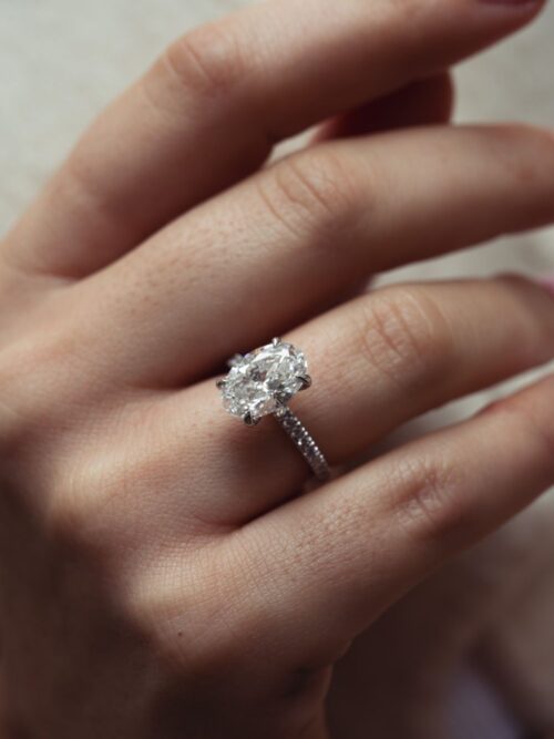 Trotters Platinum 3ct Lab Grown Oval Diamond Ring With Diamond Set Shoulders And Diamond Set Claws