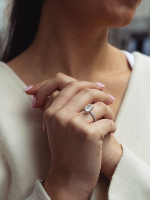 Trotters Platinum 3ct Lab Grown Cushion Cut Diamond Ring With Diamond Set Shoulders & Hidden Diamond Halo