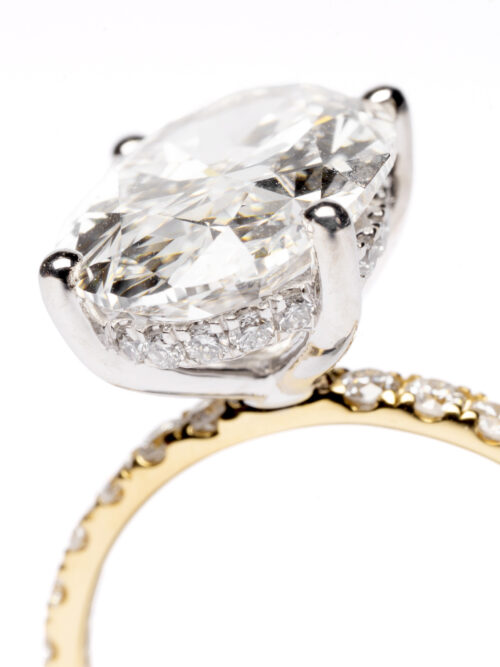 Trotters 18ct Yellow Gold & Platinum 5ct Lab Grown Oval Diamond Ring With Diamond Set Shoulders & Hidden Diamond Halo