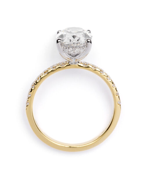 Trotters 18ct Yellow Gold & Platinum 2.5ct Lab Grown Oval Diamond Ring With Diamond Set Shoulders & Hidden Diamond Halo